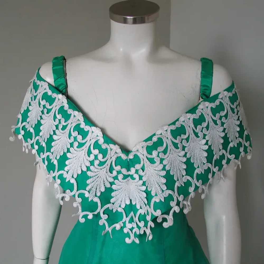 Vintage 1980s Celtic Green Party Dress with White… - image 3