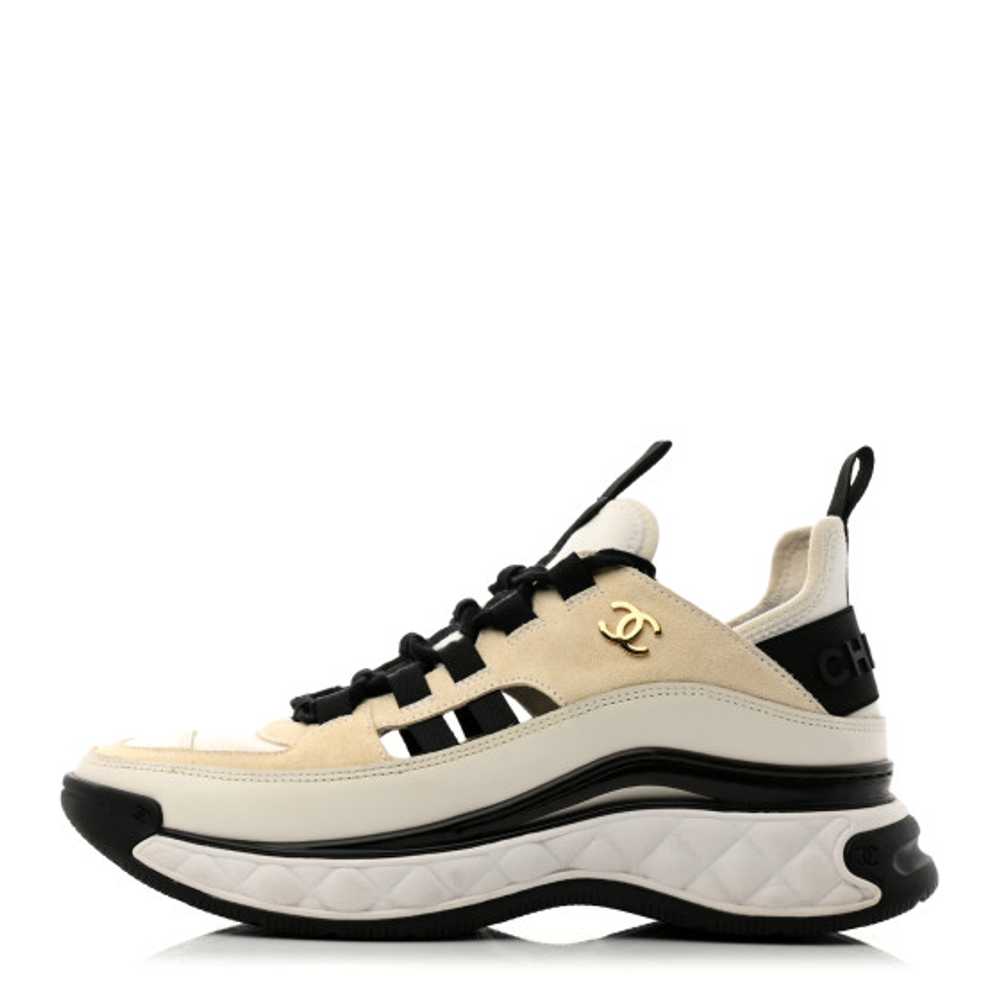 CHANEL Fabric Calfskin Suede CC Sneakers 36.5 Ivo… - image 1