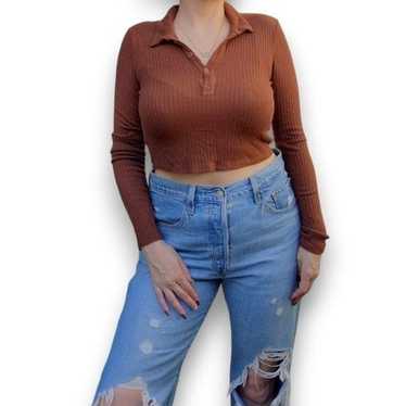 Vintage REFORMATION Women Ribbed Crop Henley Long… - image 1