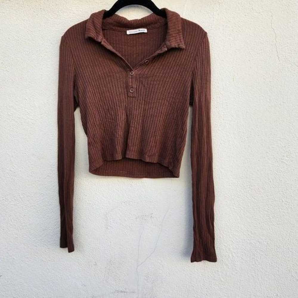 Vintage REFORMATION Women Ribbed Crop Henley Long… - image 2