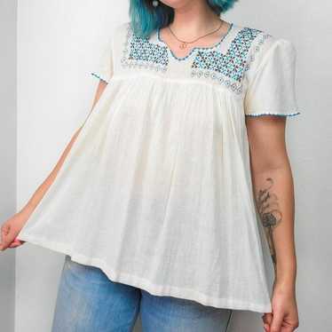 Vintage 1970s Embroidered Babydoll Peasant Top - image 1