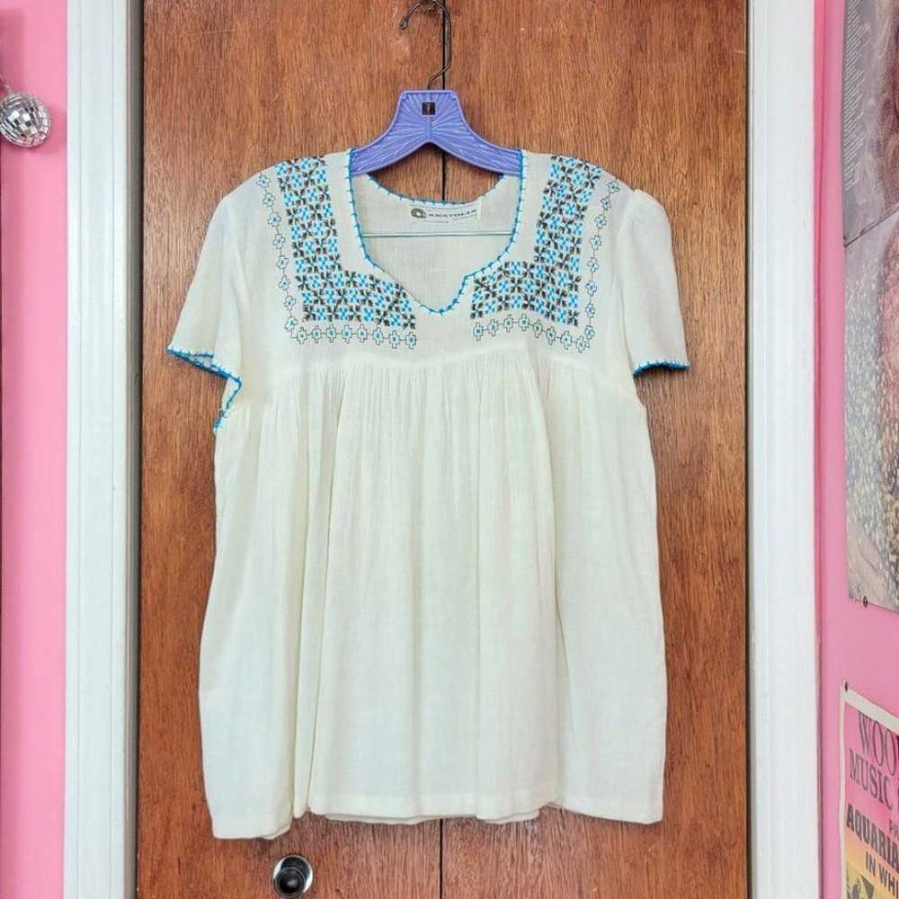 Vintage 1970s Embroidered Babydoll Peasant Top - image 5