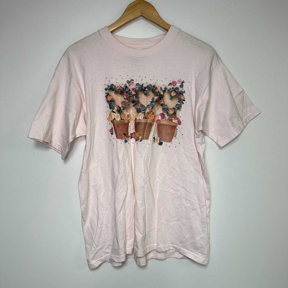 90s Vintage Flower Shirt Spring Grandma Pink T-Sh… - image 1