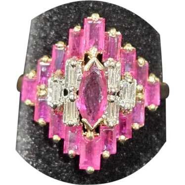 14K Marquise Ruby Baguette Diamond Pyramid Ring