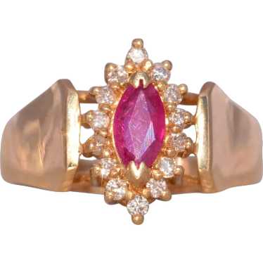 Vintage 1980's Ruby Navette Ring with Natural Diam