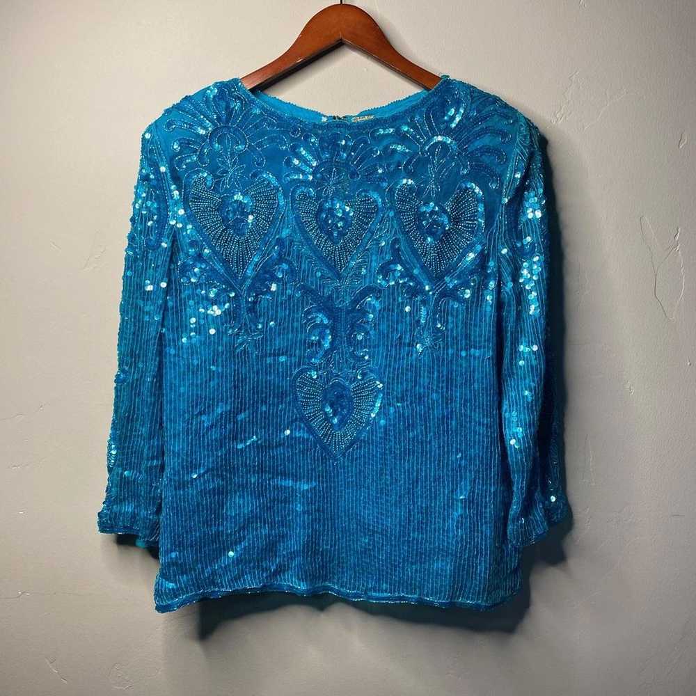 Vintage Silk Beaded Blue Blouse - image 1