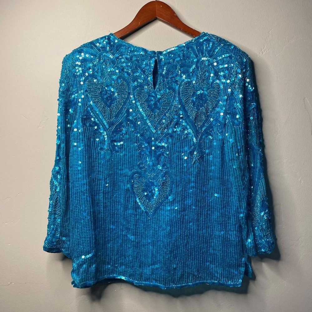 Vintage Silk Beaded Blue Blouse - image 2