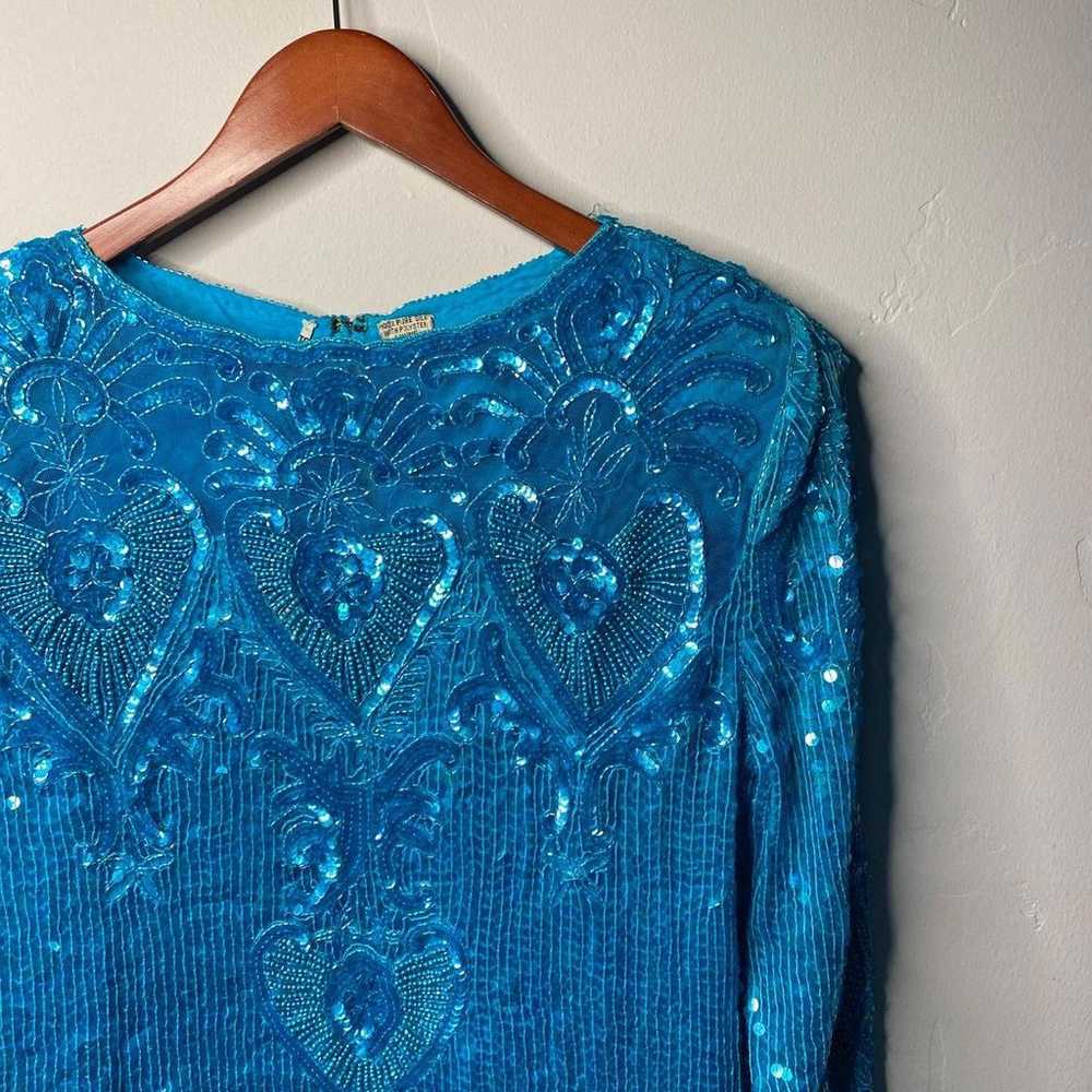 Vintage Silk Beaded Blue Blouse - image 3