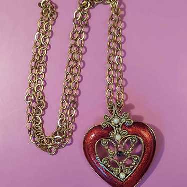 Large Vintage Avon Enamel & Pearl  Red Heart Neck… - image 1