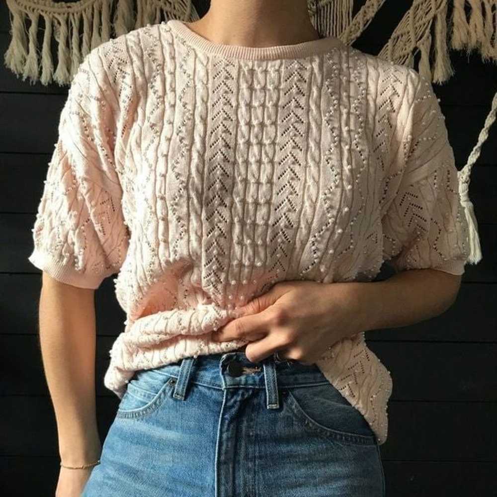 Vintage 1980s romantic pearl sweater pink small - image 5