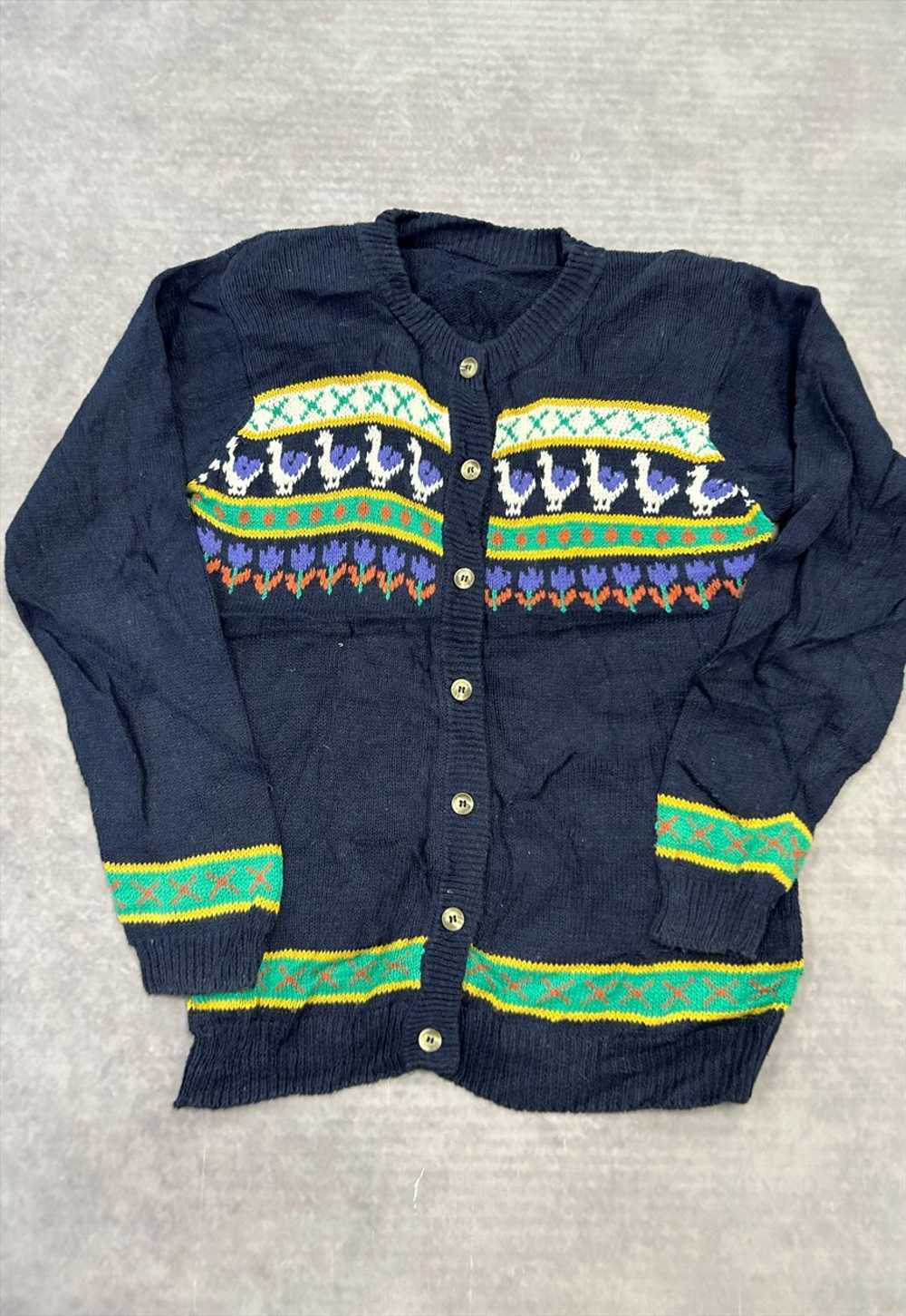 Vintage Knitted Cardigan Cute Duck Patterned Knit… - image 2