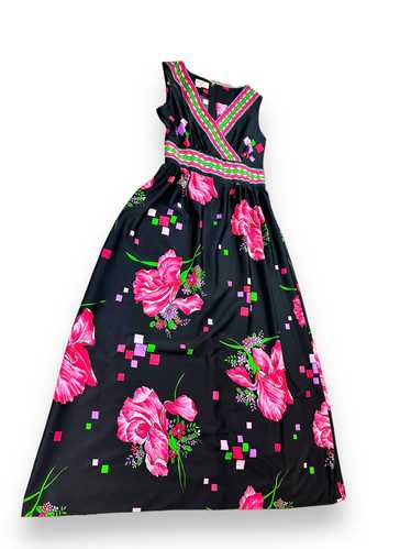 1960s Stoner Square Pink + Black Floral Dress