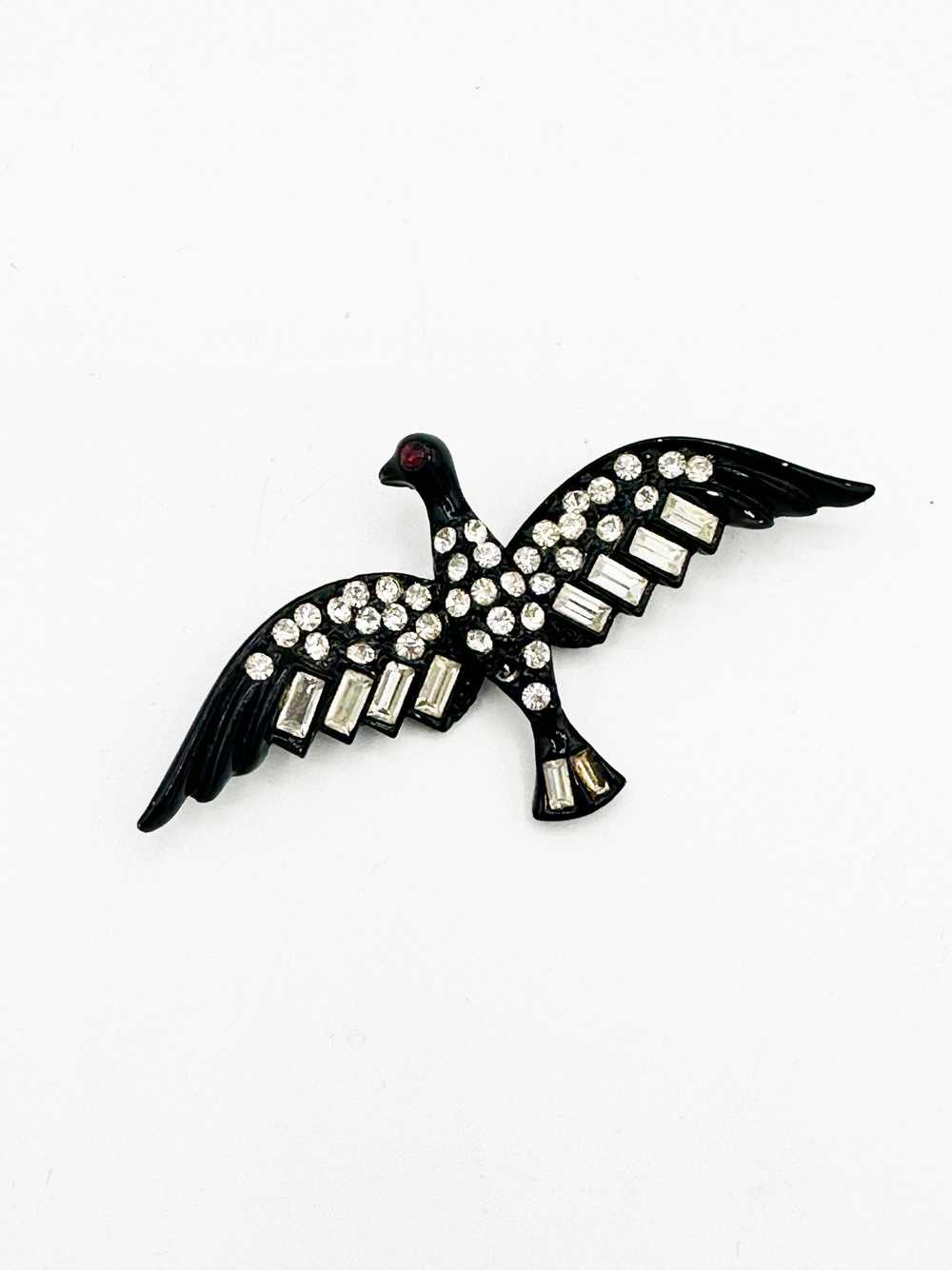 1960's Black Swan + Rhinestone Brooch - image 1