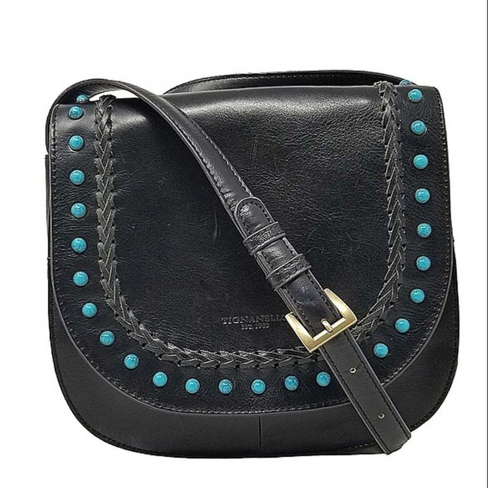 Tignanello Black Leather Saddle bag with Turquois… - image 1