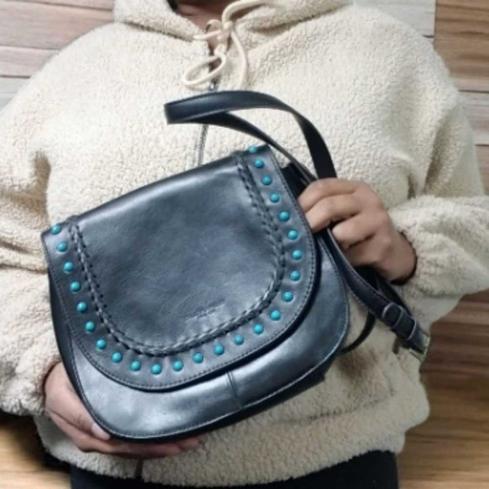 Tignanello Black Leather Saddle bag with Turquois… - image 2