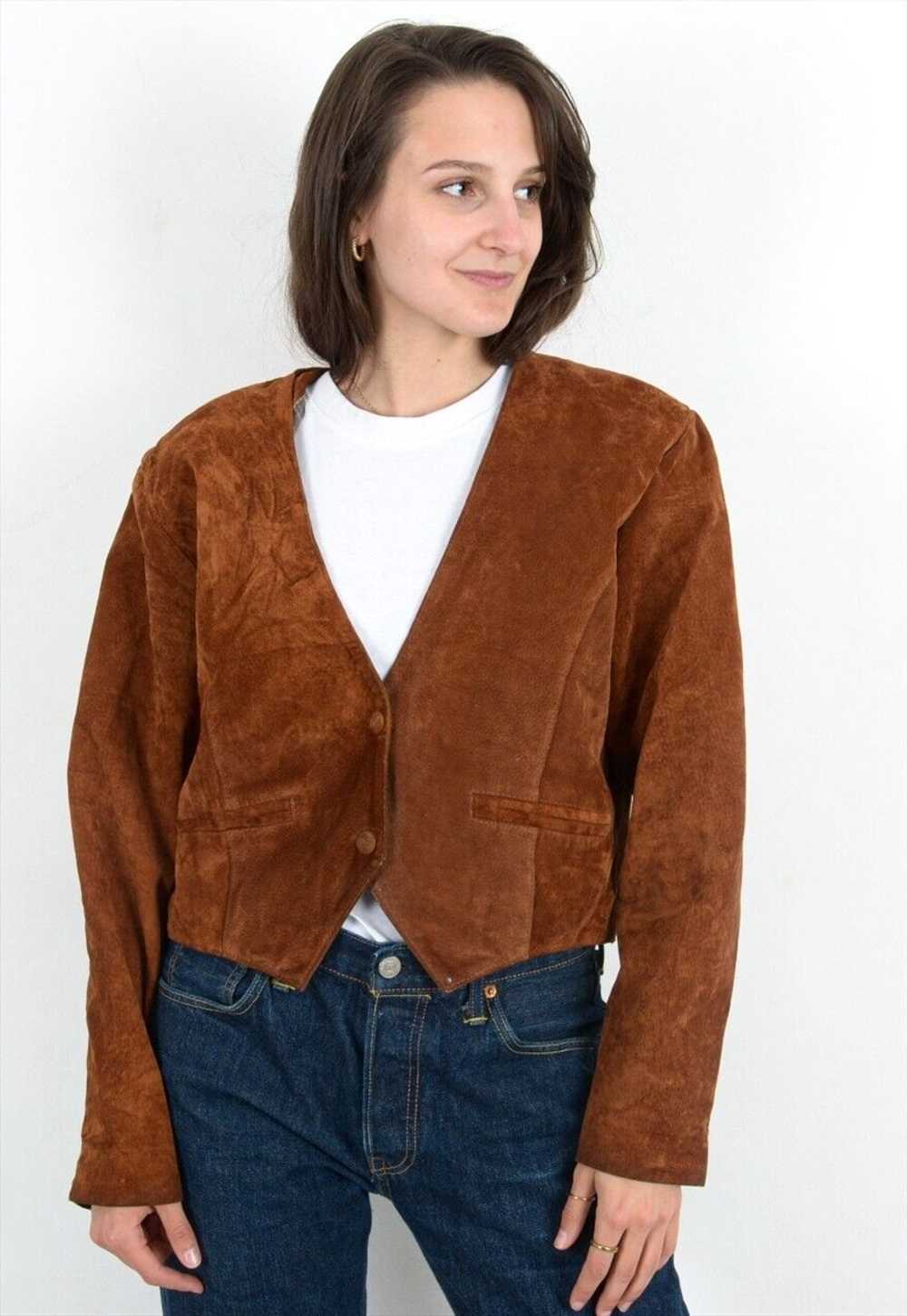 Vintage Women's M Suede Leather Brown Cropped Jac… - image 1