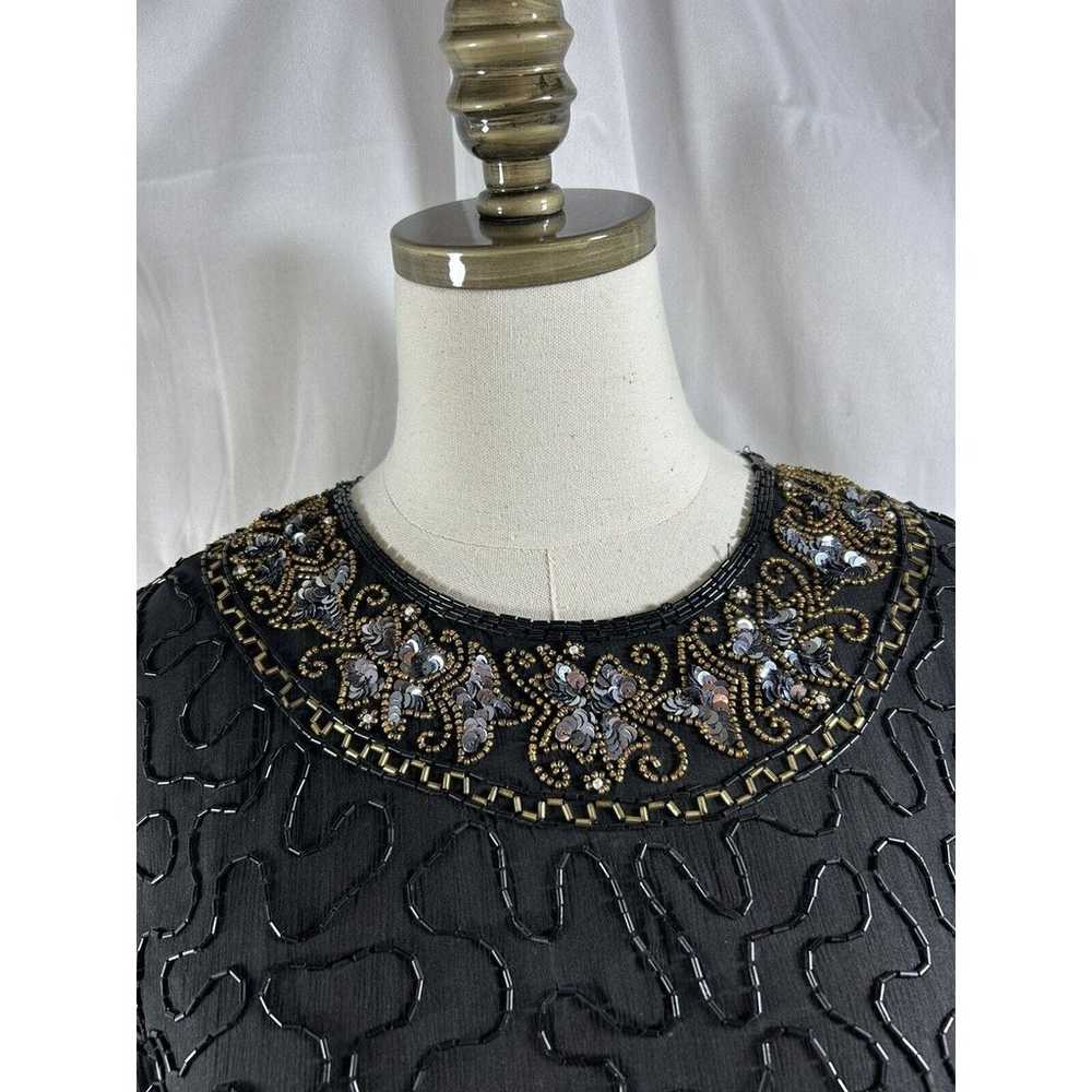Stenay Black knee sheath dress gown gold bead pea… - image 3