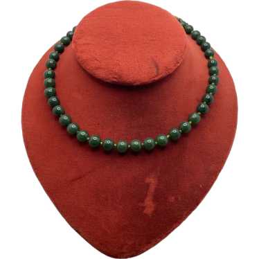 Vintage Chinese Dark Green Jade Bead Necklace - image 1