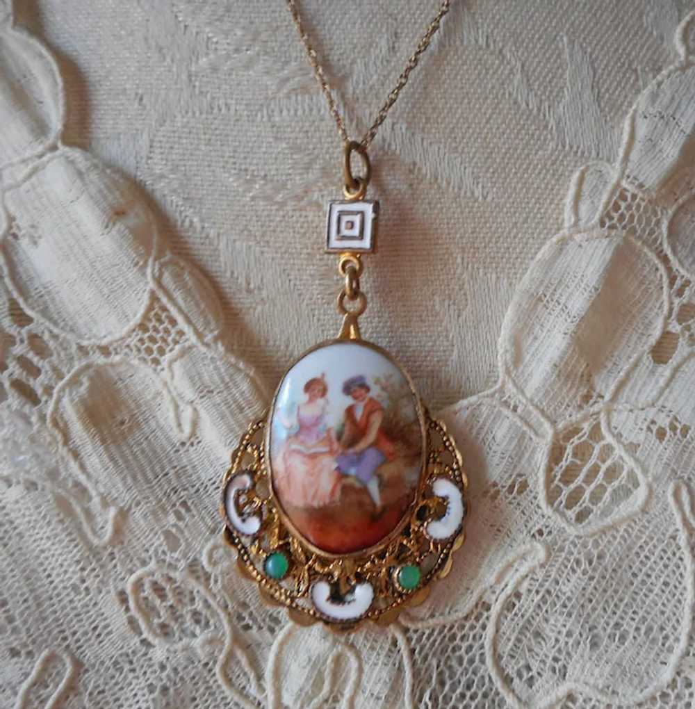 Late 1910s Enamel Porcelain Glass Jewels Drop Nec… - image 10