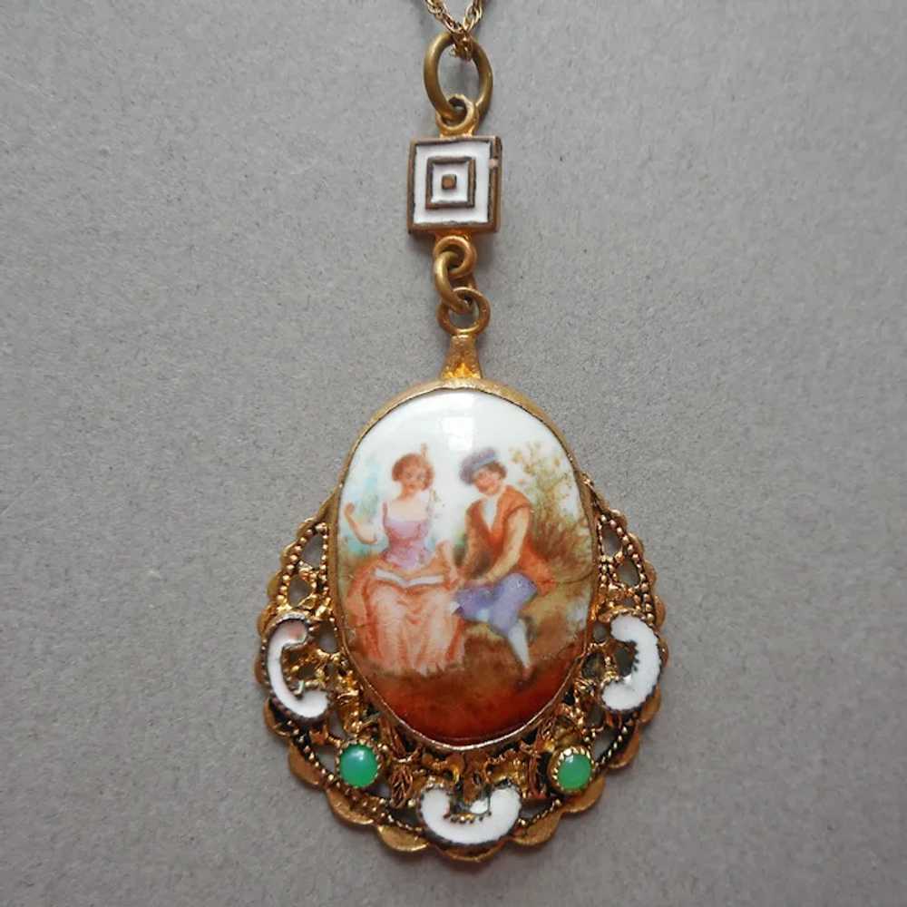 Late 1910s Enamel Porcelain Glass Jewels Drop Nec… - image 2