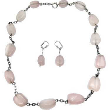Vintage c 1950s Solid Silver Rose Quartz Necklace… - image 1