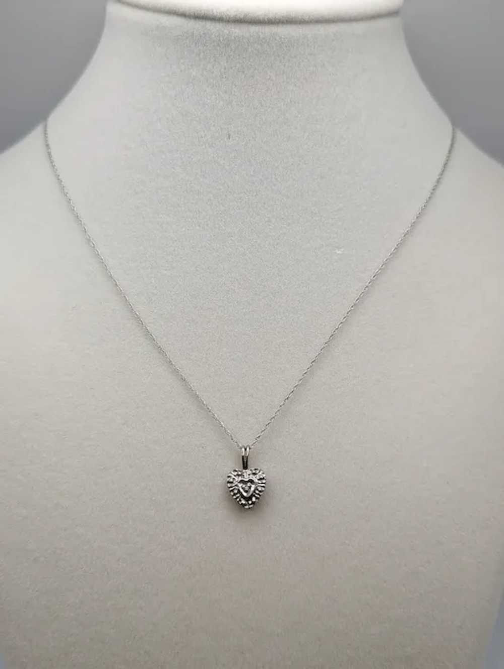 14K Vintage White Gold Diamond Heart Pendant w/Go… - image 3