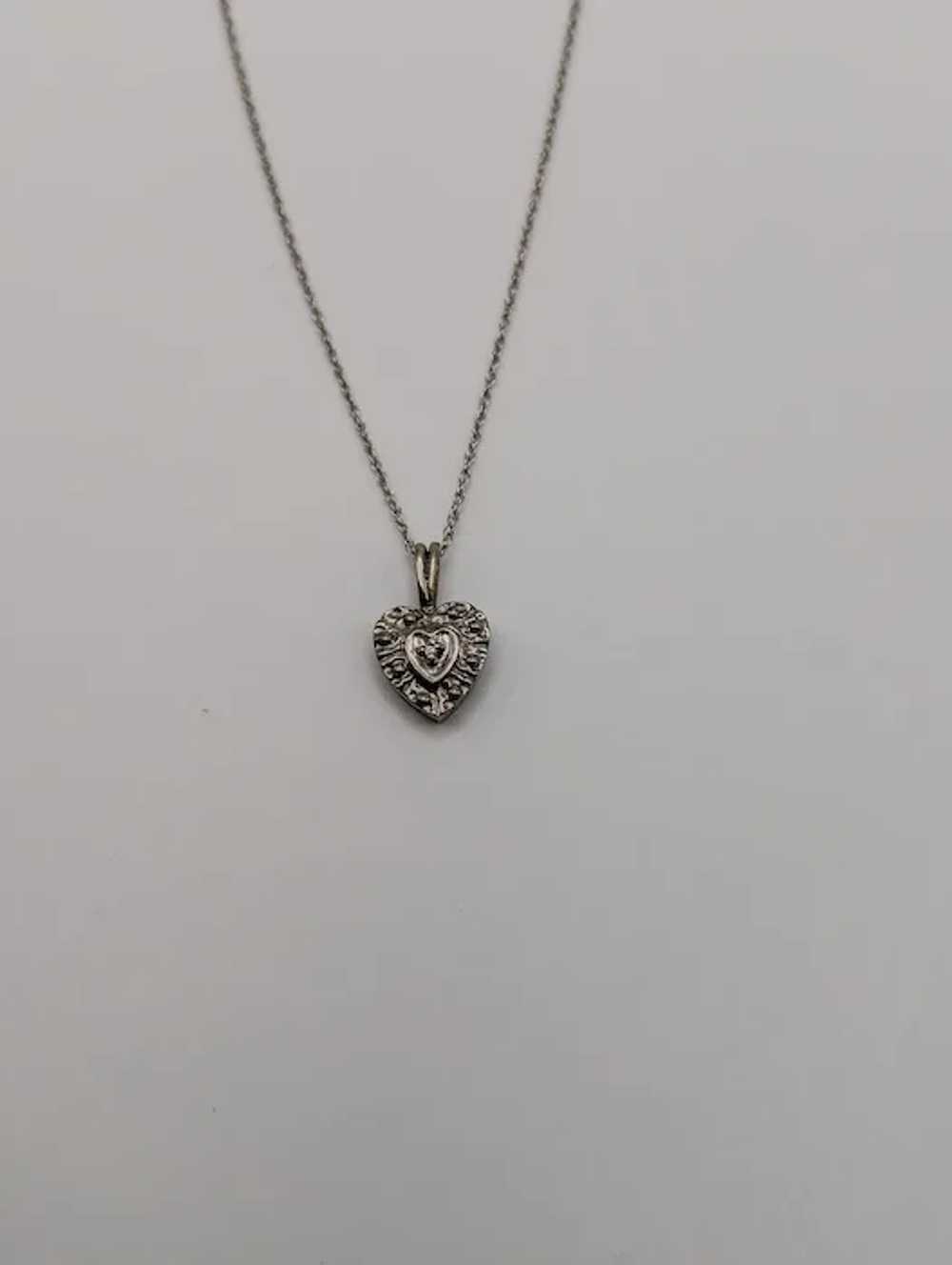 14K Vintage White Gold Diamond Heart Pendant w/Go… - image 7