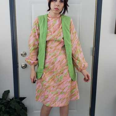 Vintage 60s/70s Pink and Green Groovy Dress and V… - image 1
