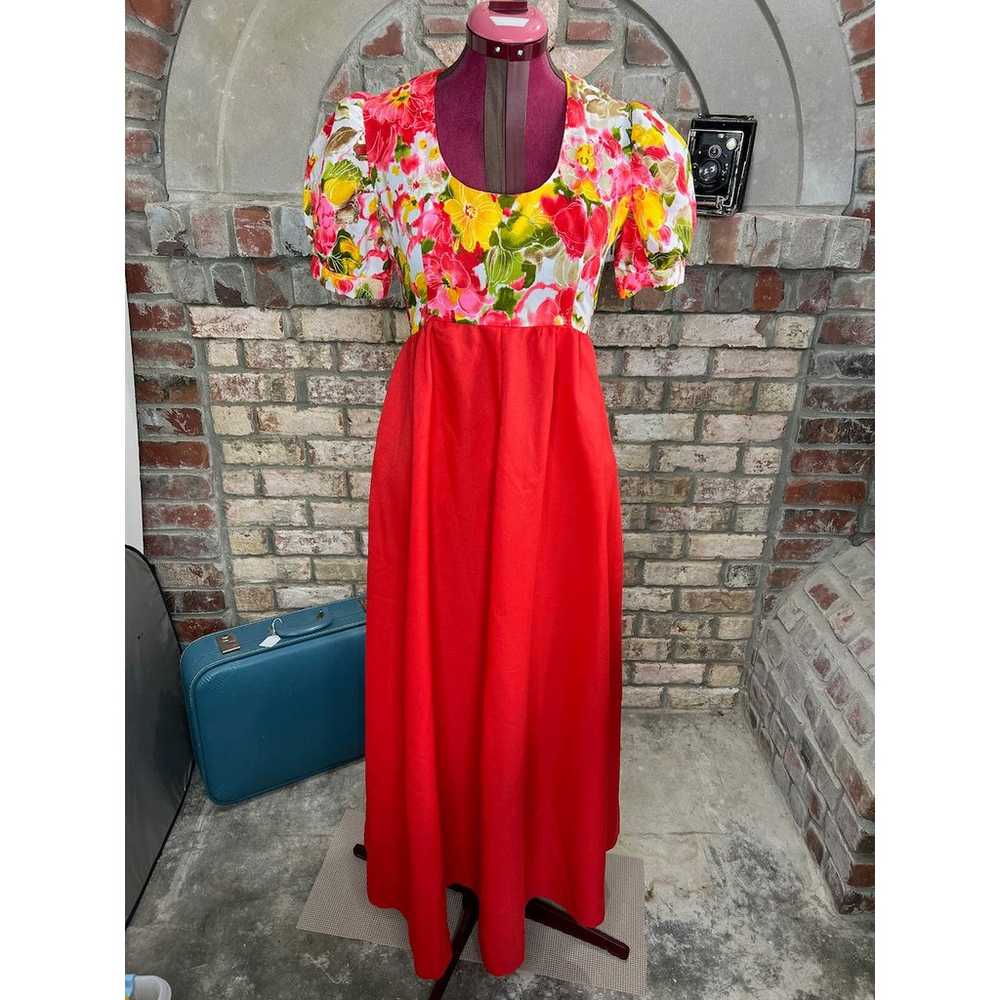 maxi Dress empire waist puff sleeve floral red ye… - image 1