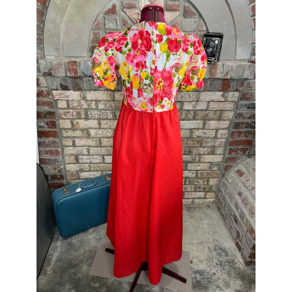 maxi Dress empire waist puff sleeve floral red ye… - image 4