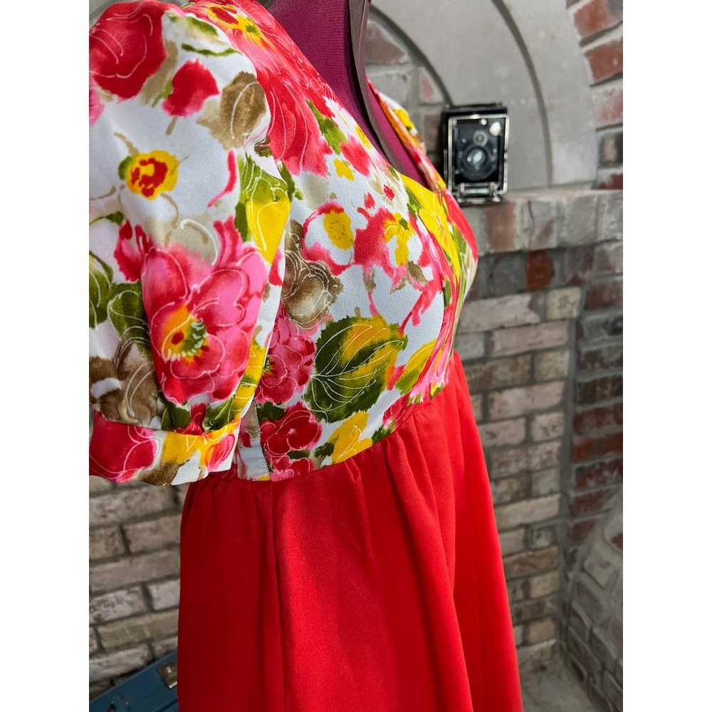 maxi Dress empire waist puff sleeve floral red ye… - image 7