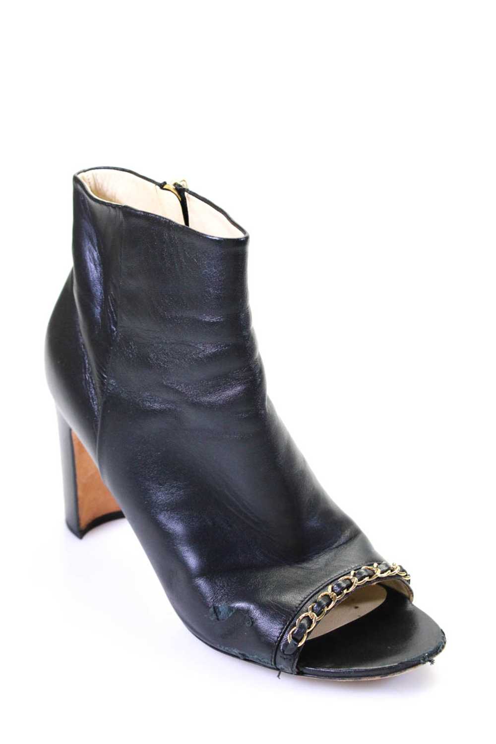 Chanel Womens Side Zip Block Heel Chain Peep Toe … - image 1