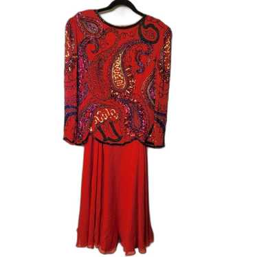Nite Line Vintage Red Beaded Silk Long Sleeve Top… - image 1