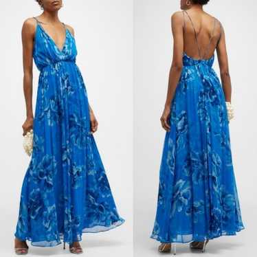 Halston Mindy Pleated Floral Print Chiffon Gown in