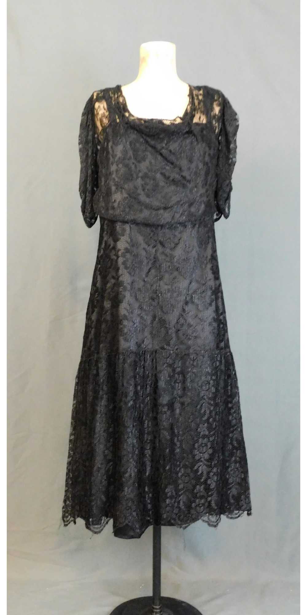 Vintage 1930s Black Lace Dress with Button Back, … - image 1