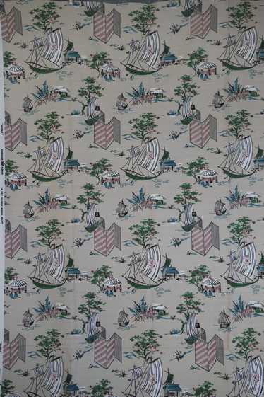Vintage Asian Sampan Boat Barkcloth Fabric 49x 3 Y