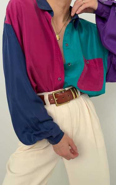 Vintage Color-Block Silk Long Sleeve Shirt - Multi