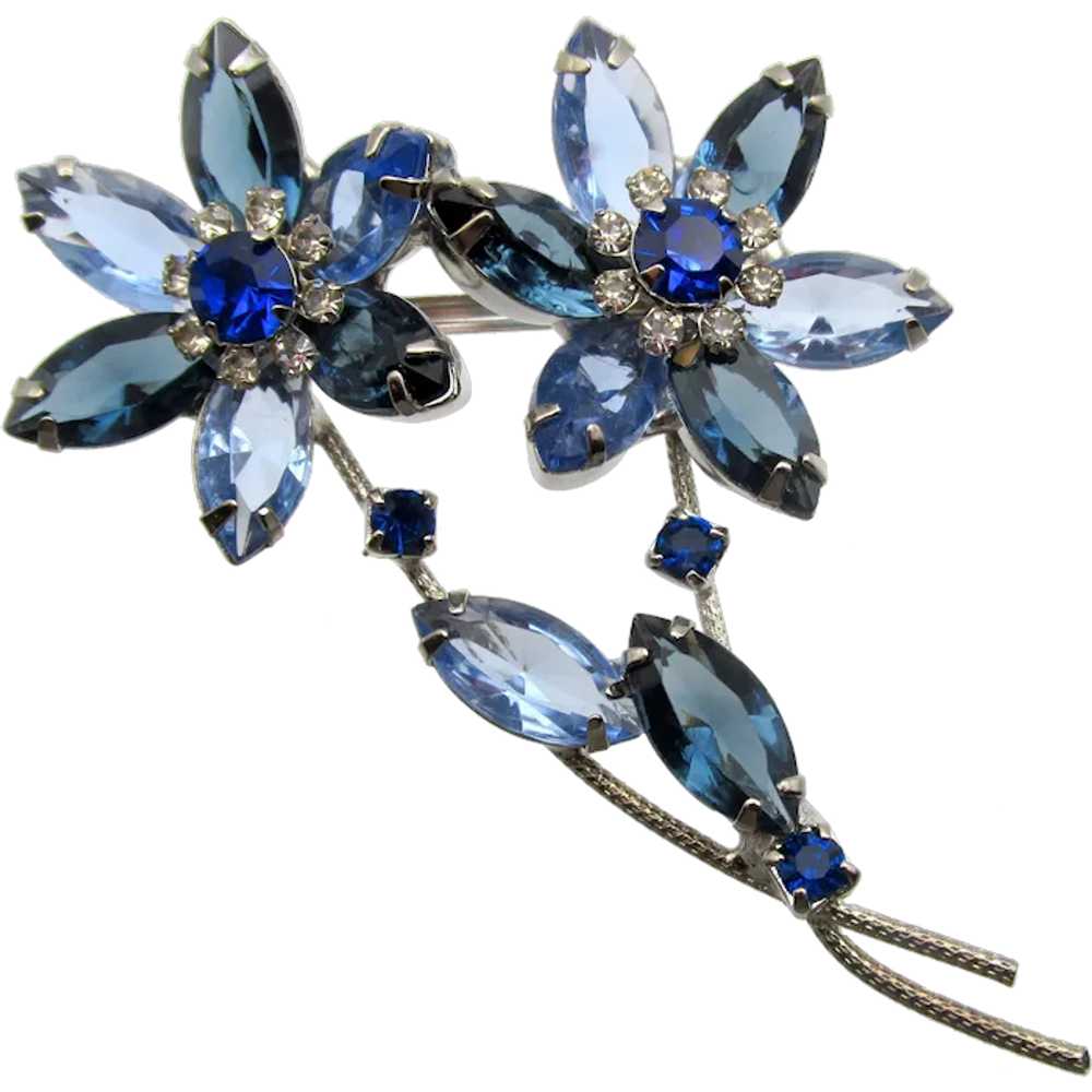 Vintage Open Back Blue Rhinestone Double Floral B… - image 1
