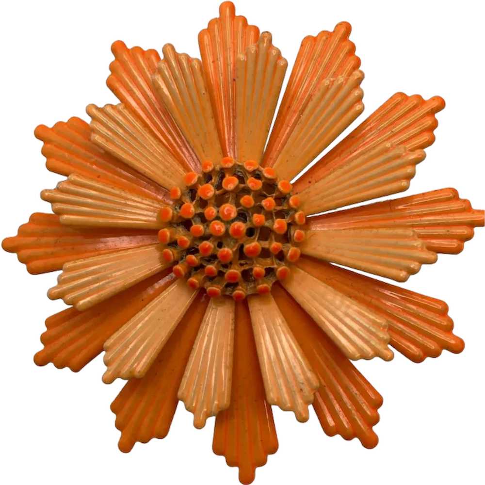 Vintage Mid-Century Orange Flower Brooch - image 1