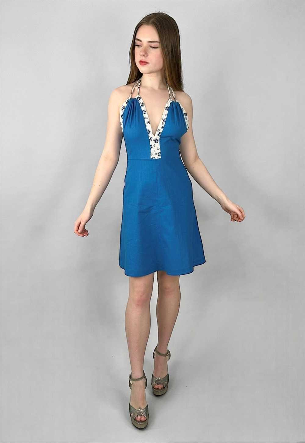 70's Vintage Blue Cotton Ladies Halter Neck Mini … - image 2