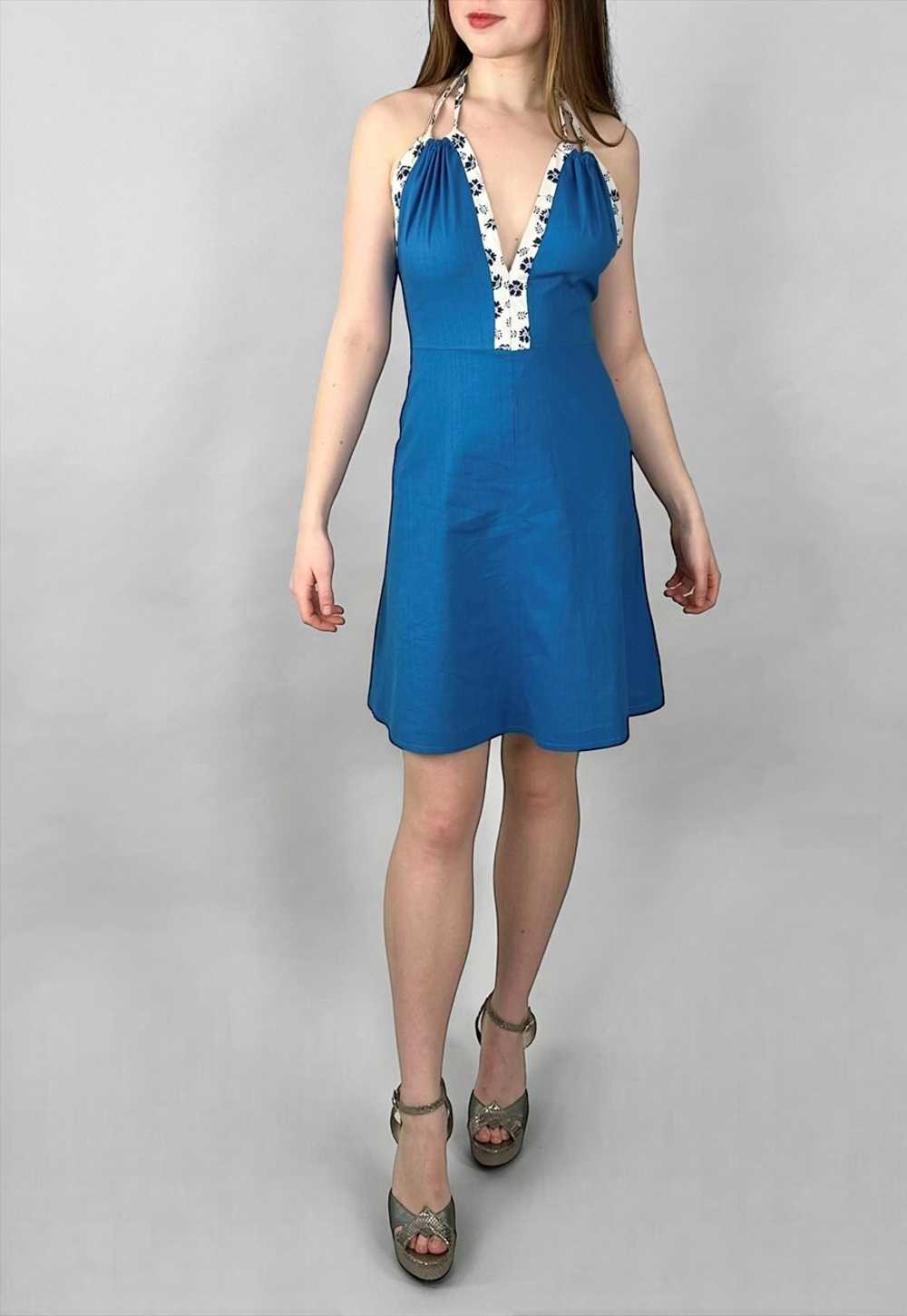 70's Vintage Blue Cotton Ladies Halter Neck Mini … - image 4