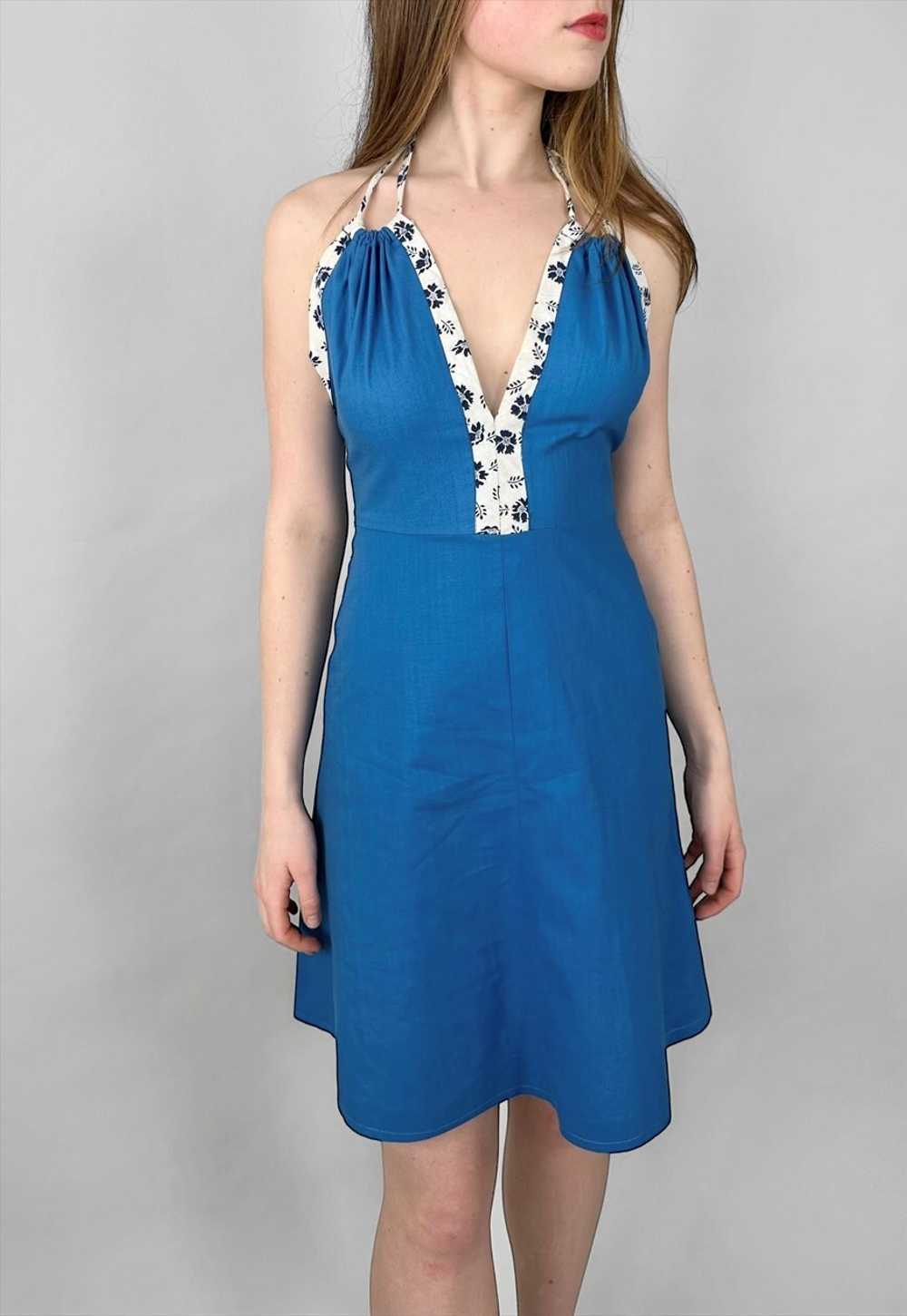 70's Vintage Blue Cotton Ladies Halter Neck Mini … - image 5