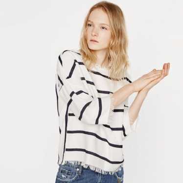 Zara Blue White Frayed Striped Shirt Top - image 1