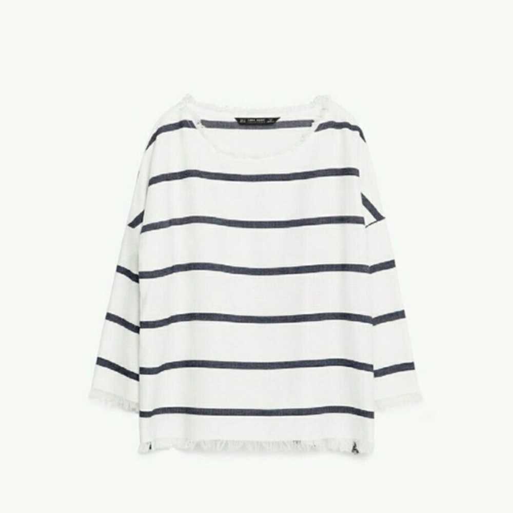 Zara Blue White Frayed Striped Shirt Top - image 2