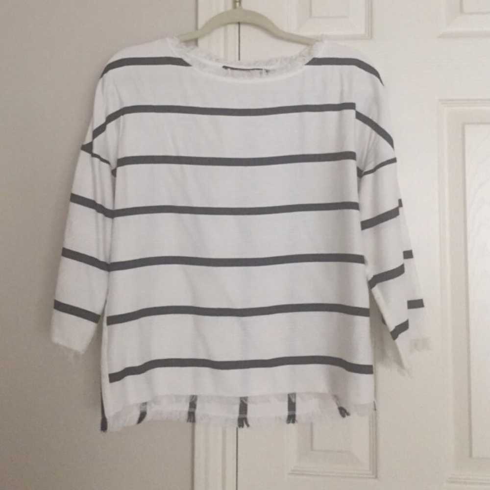 Zara Blue White Frayed Striped Shirt Top - image 3