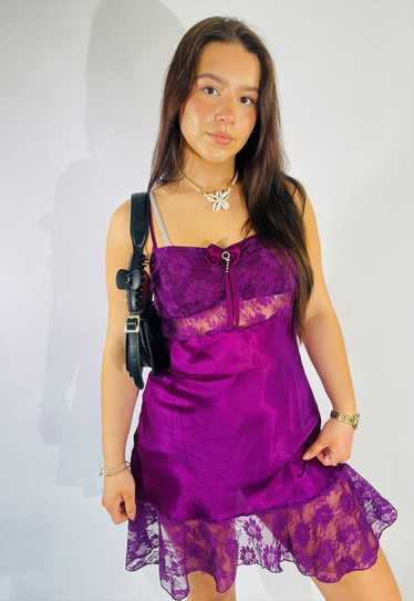 Vintage Size S Satin Lace Mini Slip Dress in Purp… - image 1