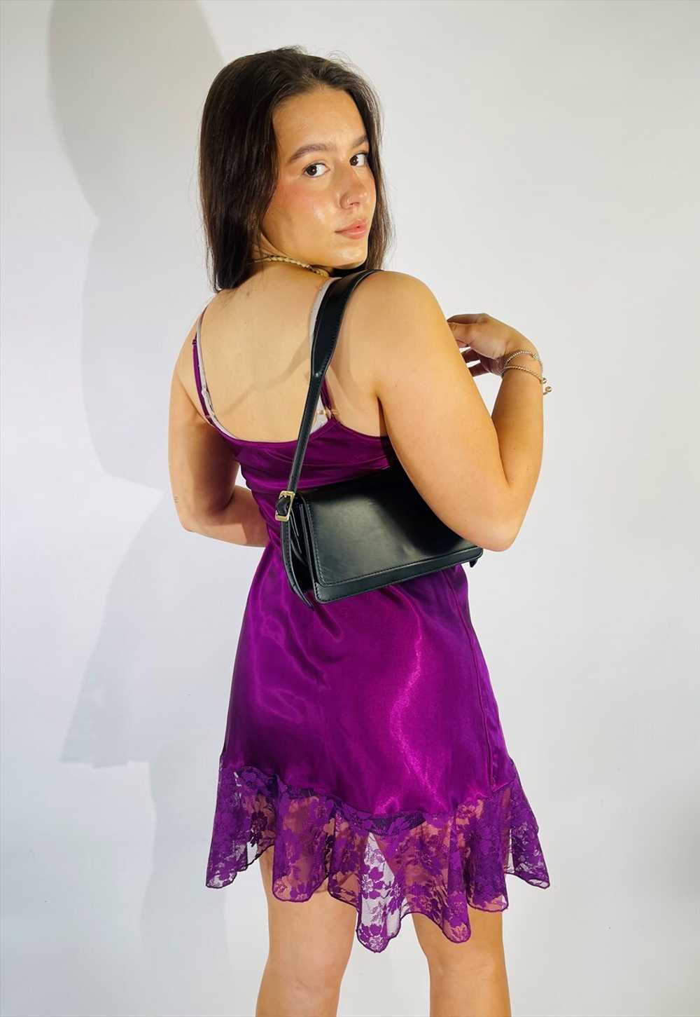 Vintage Size S Satin Lace Mini Slip Dress in Purp… - image 3