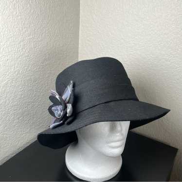 Vintage Barbour Black Wool Hat Floral Embellishme… - image 1