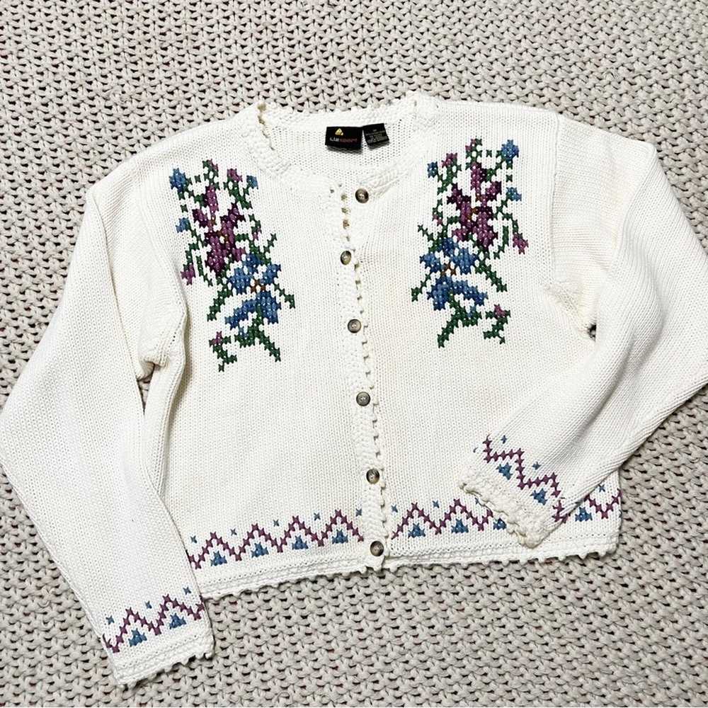 Vintage Liz Sport Cotton Floral Cardigan Sweater M - image 1