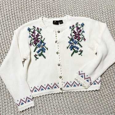 Vintage Liz Sport Cotton Floral Cardigan Sweater M - image 1